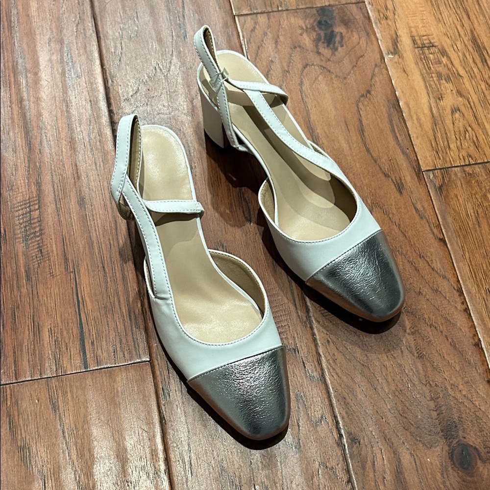 Chic Slingback Heels in Silver and Cream